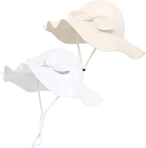 Vista 8 de Sombrero de sol para bebé niña con UPF 50+ sombrero de playa ajustable para exteriores con ala ancha Beige