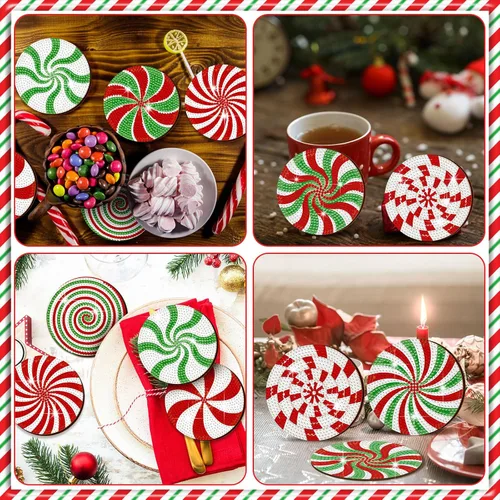 Vista 5 de Perthlin 8 posavasos de arte de diamantes de Navidad, árbol de Navidad, gnomo de caramelo, juego de pintura con soporte, kit de pintura de diamantes