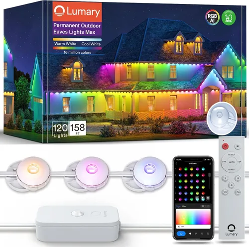 Vista 9 de Luces exteriores permanentes Lumary Max 53 pies con 40 luces de cornisa LED RGBAICW 2400LM, IP67 impermeable, control IC y modos de escena