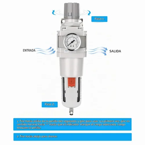 Vista 4 de NANPU 1" NPT Filtro de aire comprimido regulador combinado tipo piggyback, elemento de latón de 5 micrones, cuenco de policarbonato, desagüe