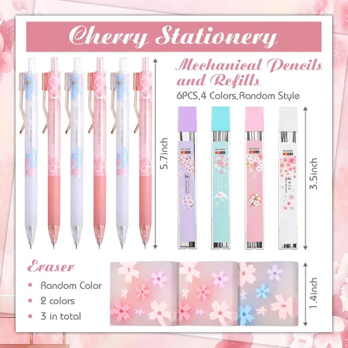 Vista 2 de Crtiin Juego de 74 piezas de papelería Kawaii con diseño de flor de cerezo, bolsa de lápices japonesa Kawaii, lápiz mecánico, borradores de cereza