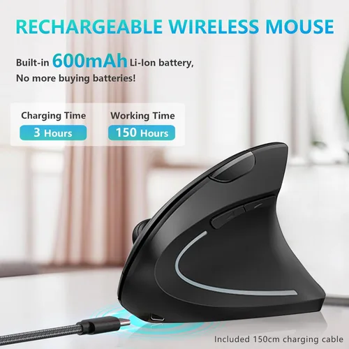 Vista 3 de Lekvey Ratón ergonómico, mouse inalámbrico vertical recargable, agarre