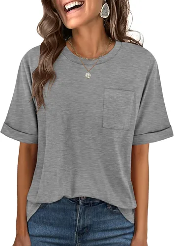 Vista 17 de ANRABESS - Camiseta de manga corta para mujer, estilo oversized, casual, suelta, básica, para verano, con bolsillo Caqui
