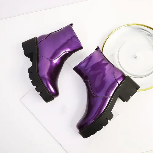 Vista 4 de KUUTGG Botines elegantes de moda para mujer, de charol con punta redonda, con cremallera, tacón medio grueso
