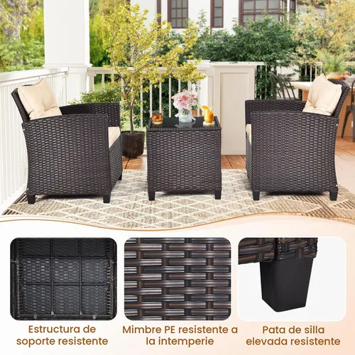 Vista 6 de ORALNER Juego de muebles de patio de 3 piezas, juego de mimbre para Beige