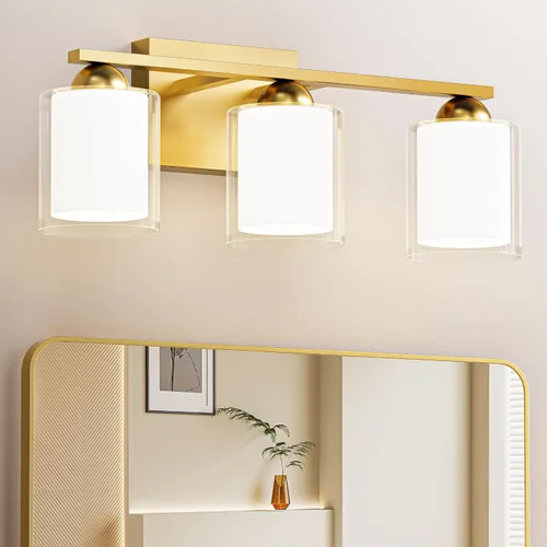 Vista 24 de Quntis Lámparas de baño de níquel cepillado con 5 modos de color, lámpara de tocador de baño moderna regulable de 3 luces sobre espejo, lámpara