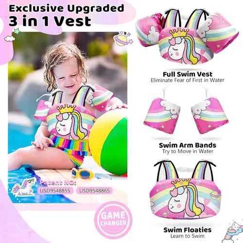Vista 2 de Vvinca Chaleco de natación separable para niños pequeños de 22 a 66 libras (1 a 6 años) Flotador de piscina 3 en 1 y bandas de brazo para niños