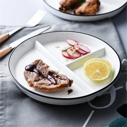 Vista 4 de Platos divididos de porcelana para niños, placas redondas de control de porciones para pérdida de peso para adultos, platos llanos con compartimento