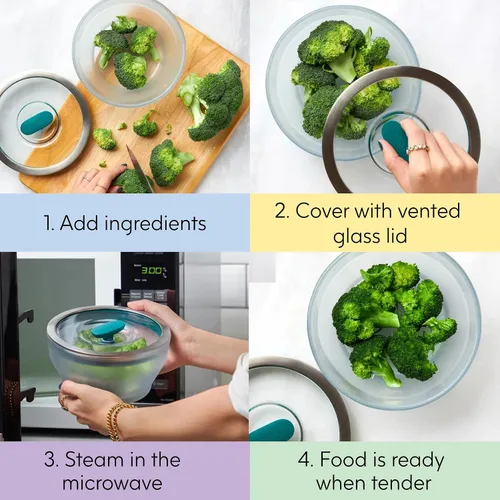 Vista 3 de Anyday Envase de almacenamiento de alimentos de vidrio de 7 tazas con tapa de vidrio, plato poco profundo redondo Preparación de comida sin