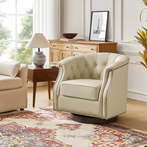 Vista 4 de HULALA HOME Silla mecedora giratoria de cuero auténtico, totalmente montada Beige
