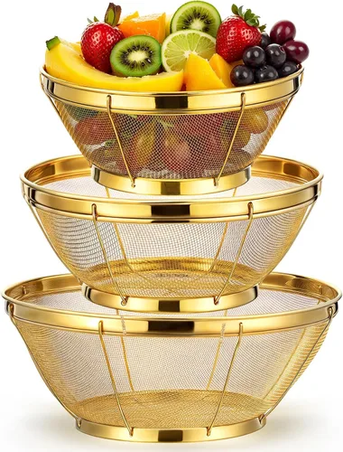 Vista 8 de Baderke Colador de metal dorado de acero inoxidable con asa, colador dorado para cocina, drenaje, pasta, enjuague, verduras, arroz, alimentos, 3