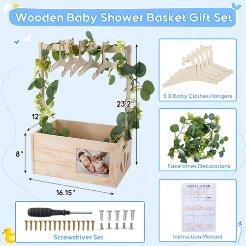 Vista 5 de Armario de madera para baby shower, cesta de baby shower personalizada con corona y colgador, marco de fotos de ecograma Love at First Sight de Love
