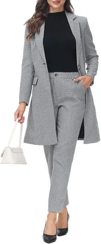 Vista 6 de MODFUL Conjunto de 2 piezas de blazer largo con pantalones para mujer, a cuadros, elegante, para oficina casual de negocios