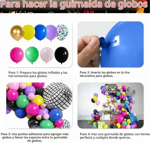 Vista 8 de Decoraciones de fiesta temática de los años 80 y 90 para cumpleaños de adultos, kit de guirnalda de arco de globos neón retro con bola de disco Tema