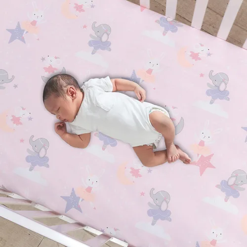 Vista 2 de Bedtime Originals Tiny Dancer - Sábana bajera ajustable de poliéster para cuna, color rosa, animales, celestial