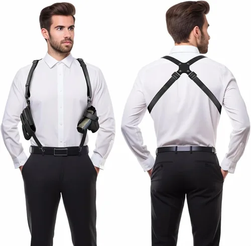 Vista 2 de Funda de hombro general vertical para pistola ajustable de cuero PU para transporte oculto con doble bolsillo para municiones - Compatible