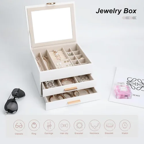 Vista 14 de Elegant Gift Jewelry Box with Mirror - 3-Layer Organizer for Earrings, Rings, Necklaces, Ready to Give for Birthday Anniversary Christmas Apricot