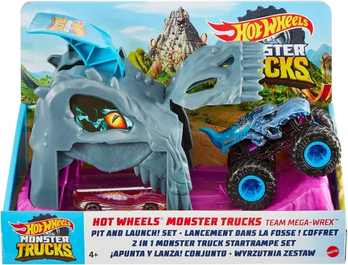 Vista 5 de Hot Wheels Monster Truck Pit & Launch Playsets con 1 Monster Truck y 1 Hot Wheels a escala 1:64, gran regalo para niños a partir de 4 años