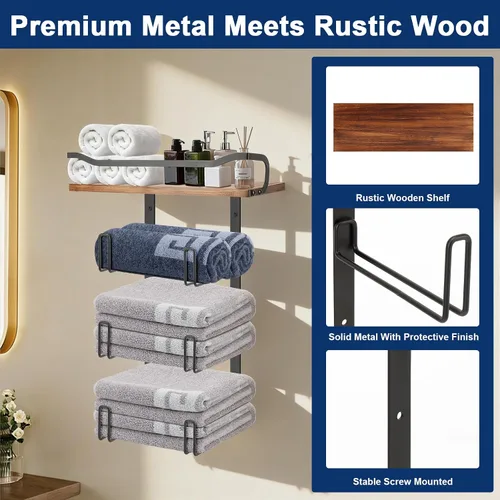 Vista 4 de NearMoon Toallero con estante de madera, soporte organizador de toallas de metal inoxidable para almacenamiento de baño, montado en la pared