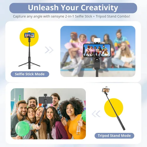 Vista 2 de Sensyne Palo selfie con luz, trípode para teléfono con mango giratorio de 360° compatible con teléfonos celulares