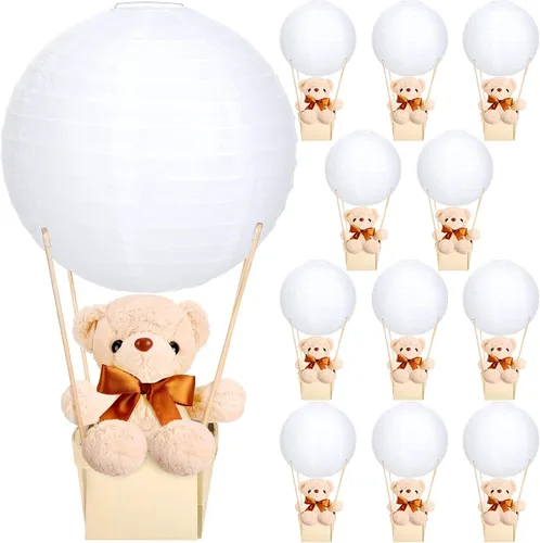 Vista 7 de Baquler Juego de 12 centros de mesa con globos aerostáticos para baby shower, bricolaje, linternas de papel, de peluche, cestas de madera para Azul