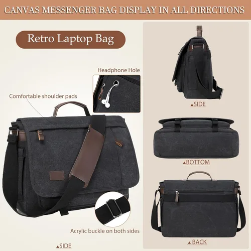 Vista 5 de Bolso de Mensajero de 17.3 Pulgadas para Hombre: 2 Piezas Bolso para Laptop de Cuero PU y Tela de Lona Maletín de Trabajo Grande para Oficina