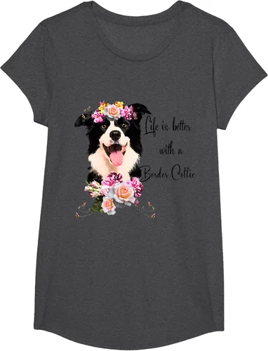 Vista 48 de Life is Better With a Border Collie - Camiseta de perro lindo con flores, gris, S Gris Oscuro