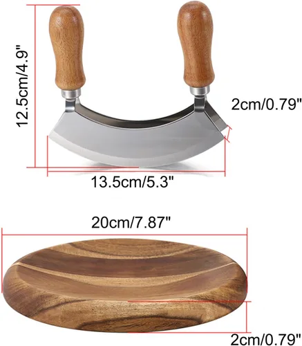 Vista 5 de Mezzaluna - Cuchillo y tabla de cortar redonda, cuchillo de corte de doble hoja de acero inoxidable, cortador de pizza con tabla de cortar