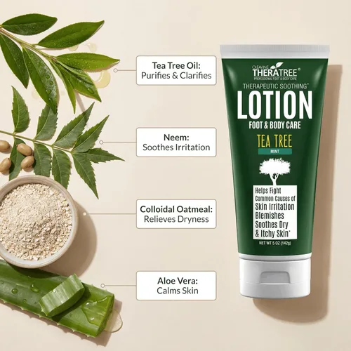 Vista 4 de TheraTree - Loción de aceite de árbol de té con aceite de neem para pies y cuerpo, hidratante calmante con aloe vera, avena coloidal y mentol