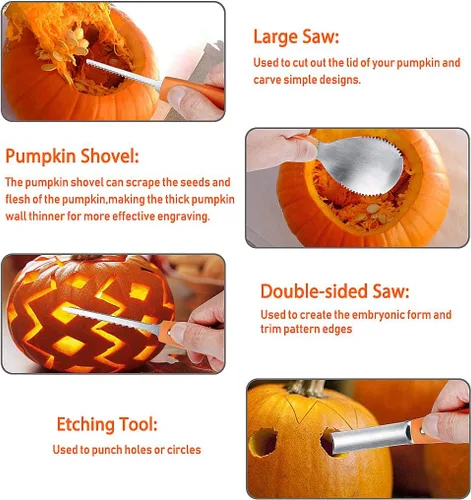 Vista 5 de Kit profesional de tallado de calabaza, 11 piezas de herramientas de tallado de acero inoxidable resistentes para Halloween con estuche de Naranja