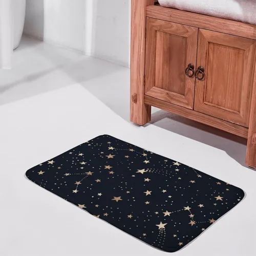 Vista 2 de Felpudo dorado Cosmos, diseño de constelación cósmica, tapete negro con estrellas brillantes, divertido tapete para decoración del hogar, tapete