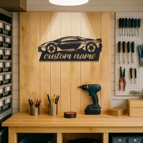 Vista 2 de Letreros de garaje personalizados, letrero de metal con nombre personalizado para taller, letreros de taller de diseño de automóviles, arte de pared