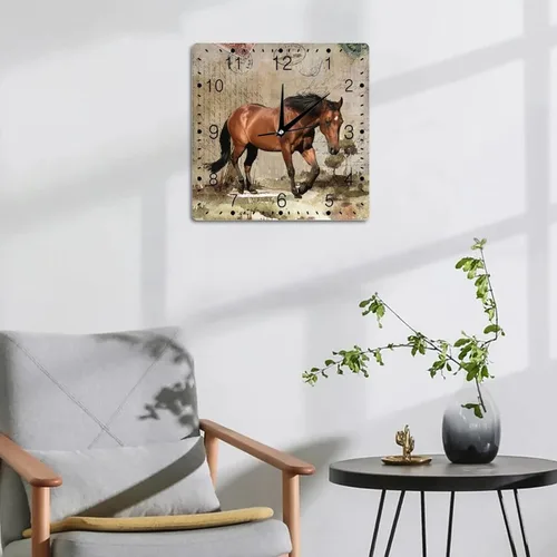 Vista 5 de Reloj de pared de madera moderno de estilo rústico vintage de 10 x 10 pulgadas, funciona con pilas, silencioso, sin tictac, patrón de caballo