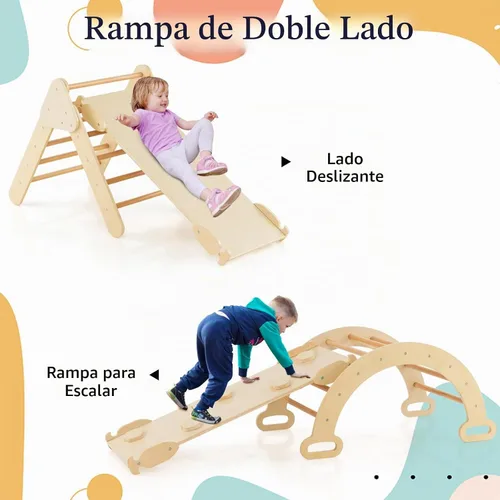 Vista 4 de Olakids Conjunto Triangular Pikler 7 en 1 Juguetes de Escalada para Niños Pequeños de 1 a 3 Años Interior Plegable de Madera Montessori Gimnasio