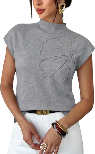 Vista 7 de Sampeel Suéter de manga corta para mujer, cuello alto, para verano, elegante, informal, básico, de punto