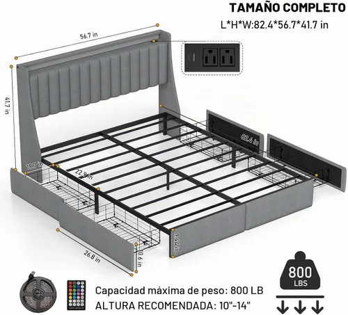 Vista 2 de UINTAI Marco de cama tamaño completo con cabecero y 4 cajones de almacenamiento, cama de plataforma metálica tapizada con respaldo abatido y luces