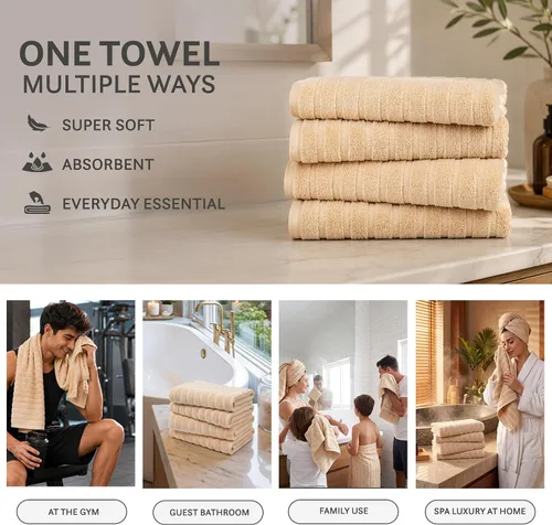 Vista 6 de TRIDENT Juego de 4 toallas de baño beige de secado rápido 100% algodón