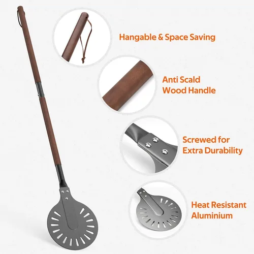 Vista 3 de Pala giratoria de pizza de aluminio perforado de 8 pulgadas con mango de madera, espátula de pizza de longitud ajustable 2 en 1, 48 pulgadas