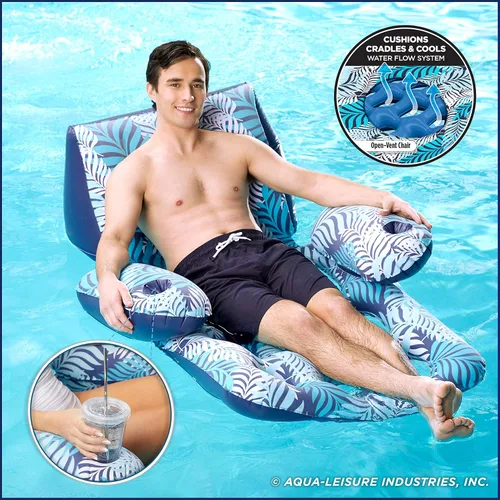 Vista 2 de Aqua Deluxe Silla de piscina con contorno, tela de lujo,piscina para sentarse al sol, flotador para adultos, alta resistencia, helechos azul/blanco.