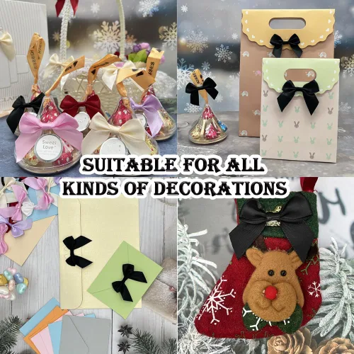 Vista 6 de CuteHook - Mini lazos de regalo de cinta de satén para manualidades, pequeño lazo adhesivo negro preatado para manualidades, costura, álbumes