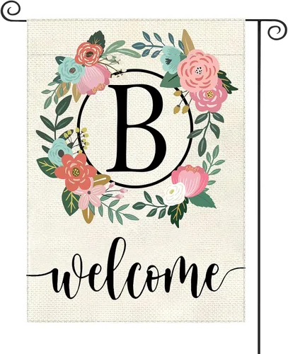 Vista 8 de Bandera de jardín con letra monograma, floral, 12 x 18 pulgadas, doble cara para exterior, pequeña de arpillera, familia, apellido, bandera inicial