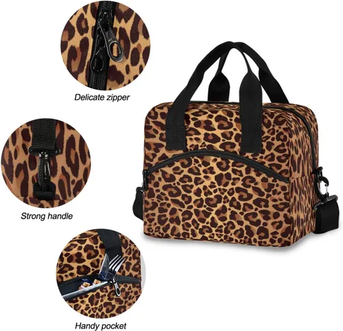 Vista 3 de Bolsa de almuerzo con estampado de leopardo animal, lonchera aislada Correa de hombro ajustable impermeable para niños, niñas, niños, escuela