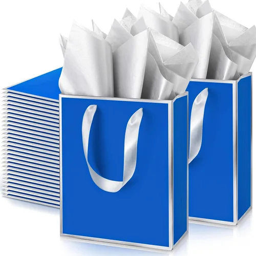 Vista 24 de Yeaqee Paquete de 100 bolsas metálicas de regalo con asa y papel de seda de papel de seda dorado para graduación, boda, padrinos de boda, regalos