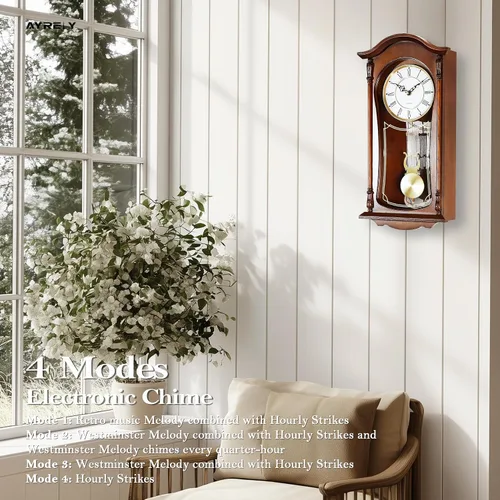Vista 4 de AYRELY® Reloj de Pared Vintage de Abuelo de 22 Pulgadas con Péndulo y Campanadas, Campanadas de Hora/Cuarto de Hora, Marco de Madera de Caoba, Reloj
