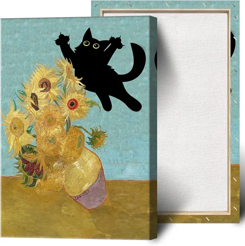Vista 12 de Póster de Arte Gracioso de Gato Negro Vintage Van Gogh Girasol Gato Impreso en Lienzo Arte de Pared de Gato Lindo Estética de Animales