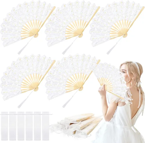 Vista 11 de Beeveer - 6 abanicos de mano plegables de encaje para boda, algodón bordado, color beige Bamboo Staves Silk Tassels, Vintage Retro, Handheld