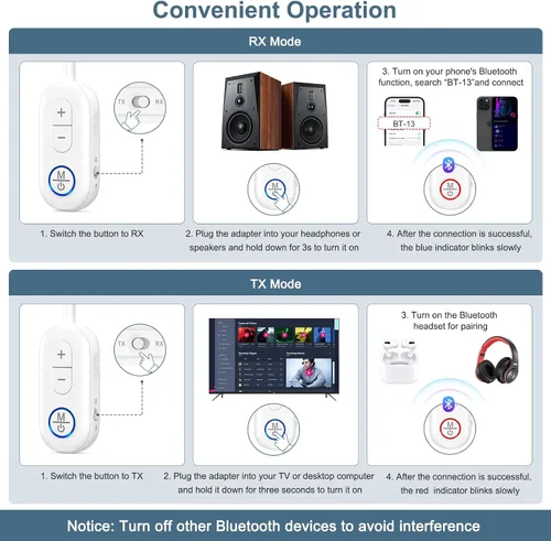 Vista 7 de Adaptador de audio Bluetooth 5.3, receptor transmisor Bluetooth 2 en 1, auriculares inalámbricos, baja latencia, manos libres, adaptador de audio