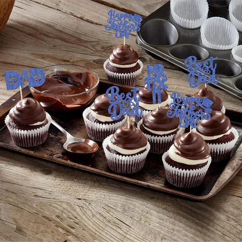 Vista 4 de 24 adornos para cupcakes con temática de sombrero para el Día del Padre, con purpurina azul, mejores selecciones de cupcakes para papá, decoraciones