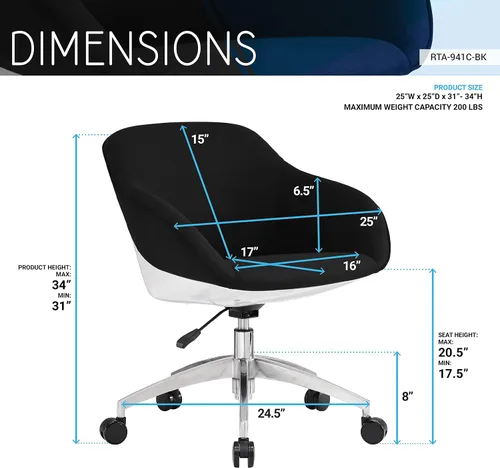 Vista 3 de Techni Mobili Silla de trabajo tapizada con soporte lumbar, silla de oficina de altura ajustable con control de inclinación y giro de 360 grados