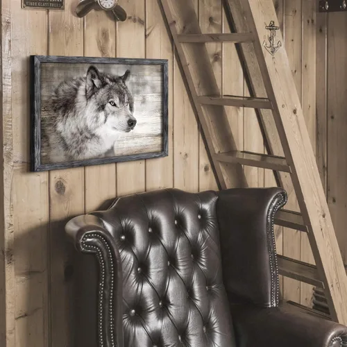Vista 6 de Arte de Pared Enmarcado de Lobo: Pintura Moderna de Animales Salvajes de Madera Rústica Natural Imagen de Vida Silvestre Obra de Arte de Lobo Gris